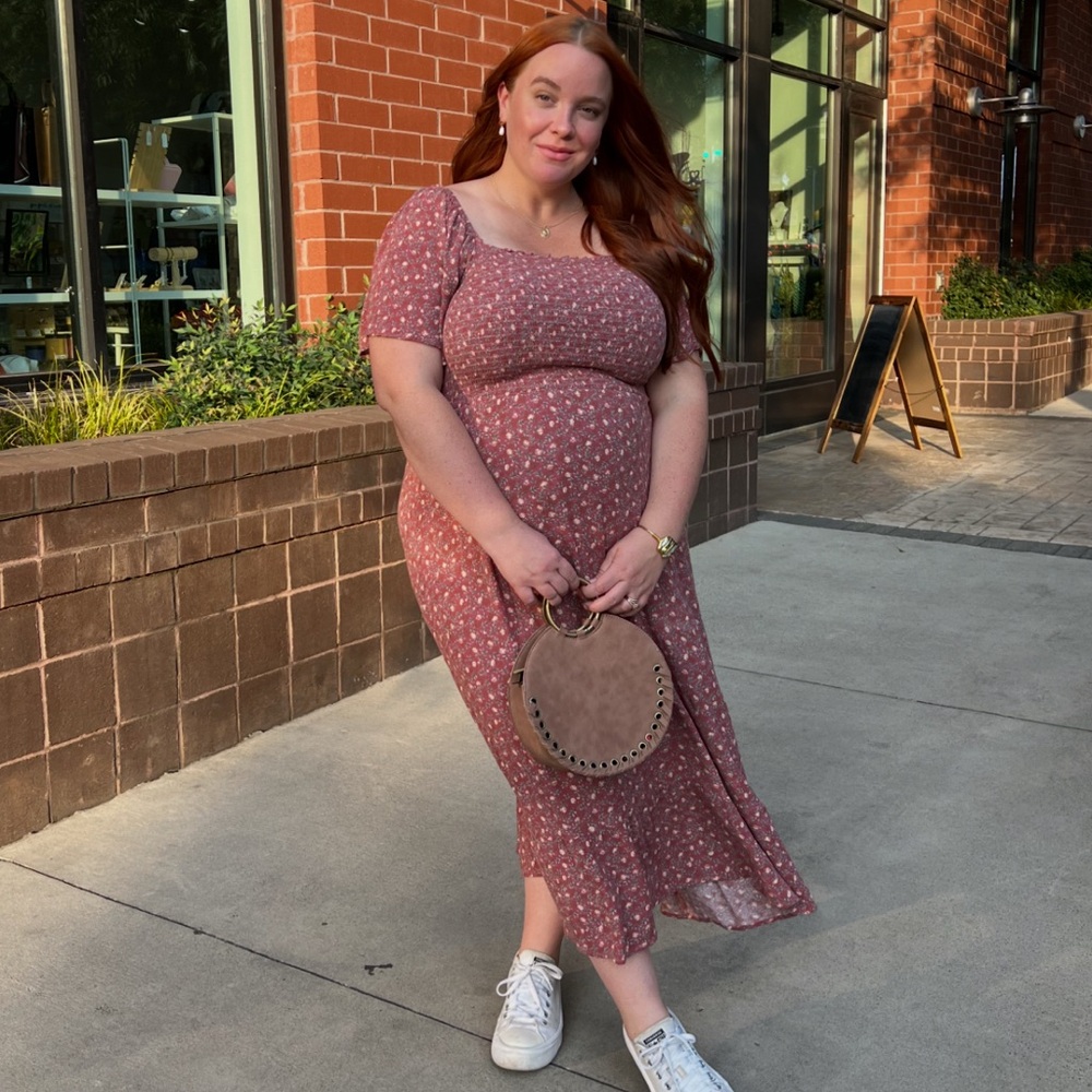 Floral Pink Midi Dress - works for Maternity!